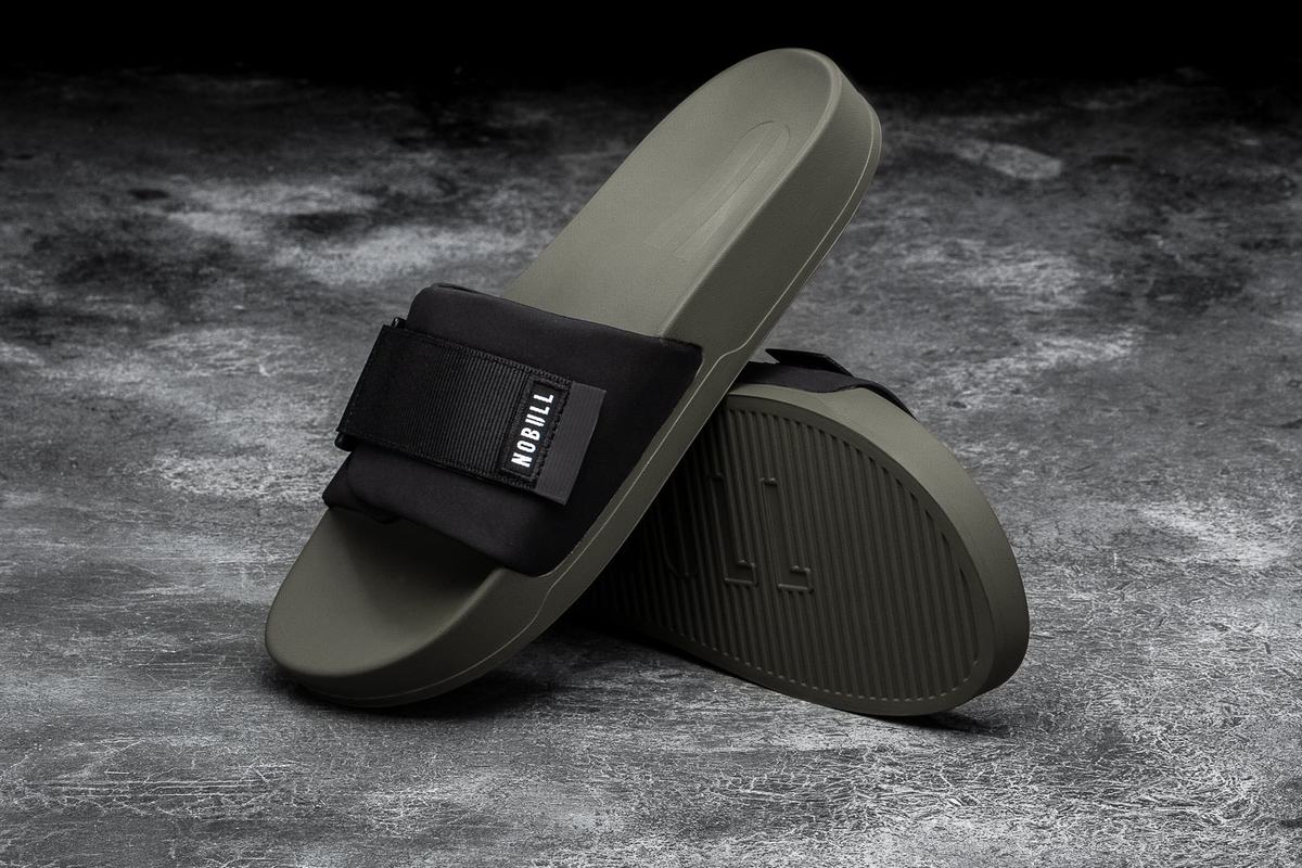 Nobull Adjustable Men's Slides Black Dark Green | Australia (TJ8295)